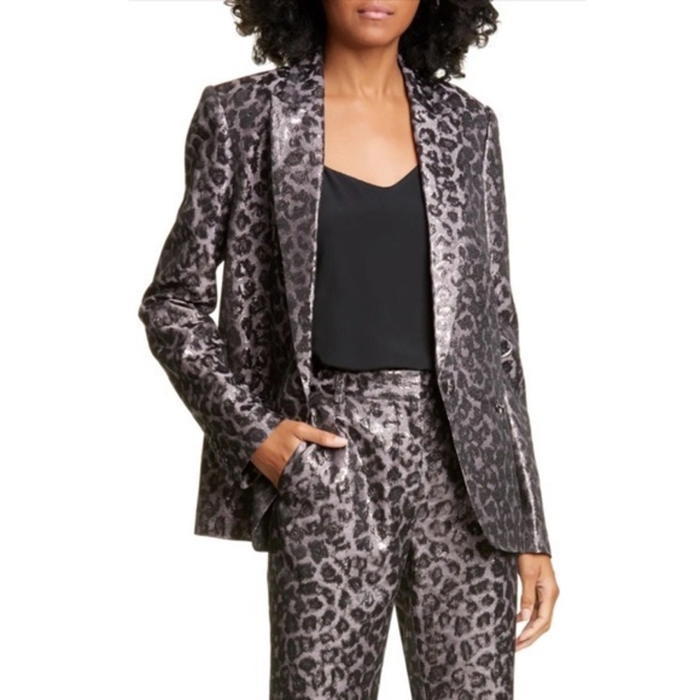 Tanya Taylor Silver Analiese Metallic Shimmer Leopard Print Blazer Sz 6 NWT
